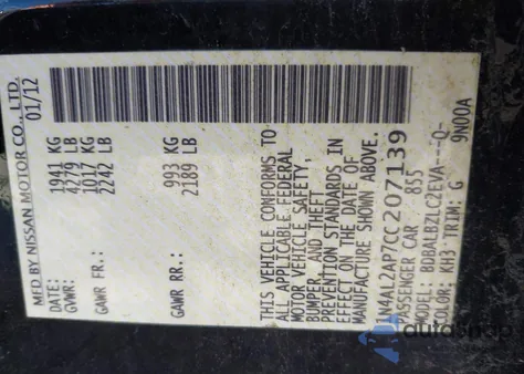 2012 Nissan Altima 2.5 S from USA, damaged, VIN 1N4AL2AP7CC207139